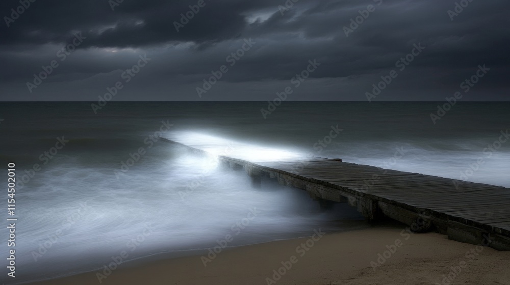 Fototapeta premium Serene Beach Pier with Gentle Waves and Soft Lighting