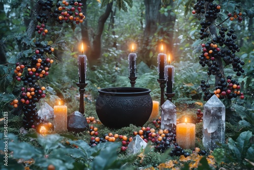 Black candles, crystals, and a witch cauldron surrounded by rowan tree berries in a mystical forest.  photo