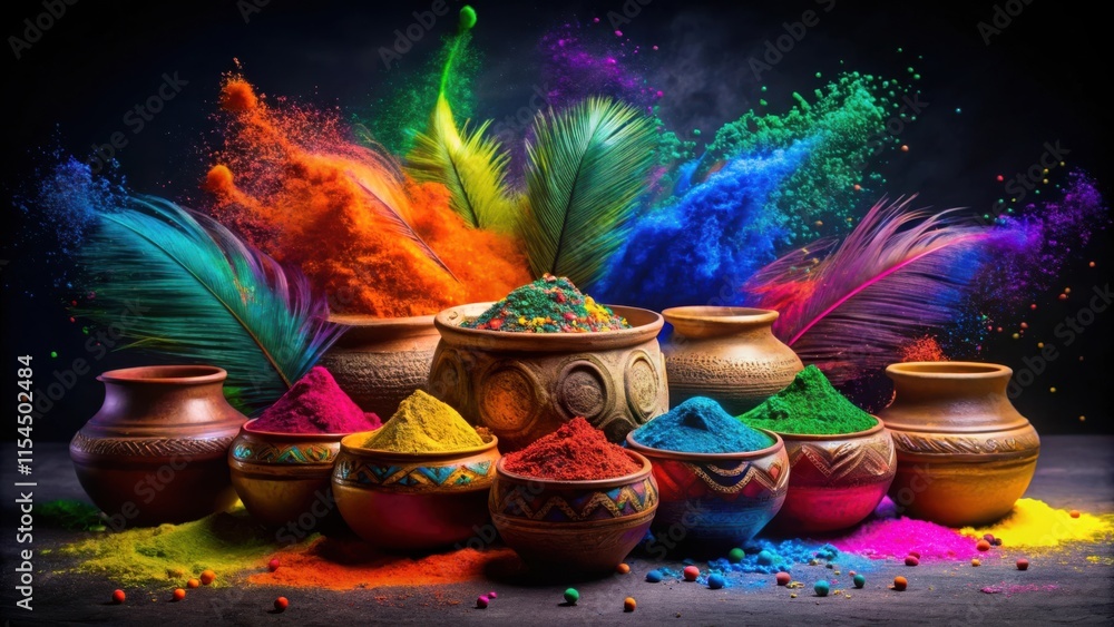 Fototapeta premium Vibrant Powder Colors Explode From Earthenware Bowls Surrounded by Colorful Feathers on a Dark Background