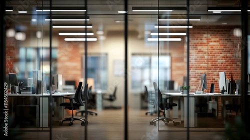 Empty modern office at night, seen through glass doors.
