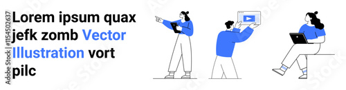 Text with three figures one holding a tablet, one holding a video screen, and one with a laptop. Ideal for teamwork, technology, digital media, collaboration, education, remote work, professional