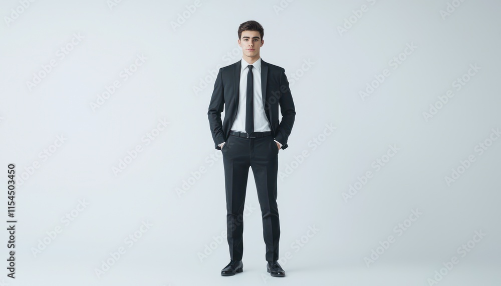 A full-length portrait of a young business executive, standing against a stark white background. His sharp suit and confident stance reflect readiness and ambition for the corporate world. A full-length portrait of a young business executive, standing against a stark white background. His sharp suit and confident stance reflect readiness and ambition for the corporate world.