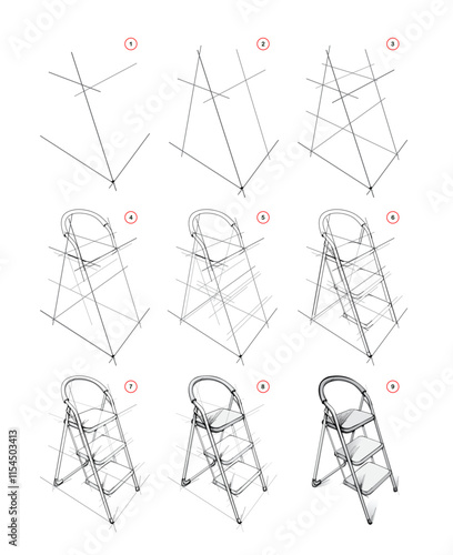 Page shows how to learn to draw from life a sketch of a stepladder in perspective. Pencil drawing lessons. Educational tutorial for artists. Development of artistic skills. Hand drawn vector.