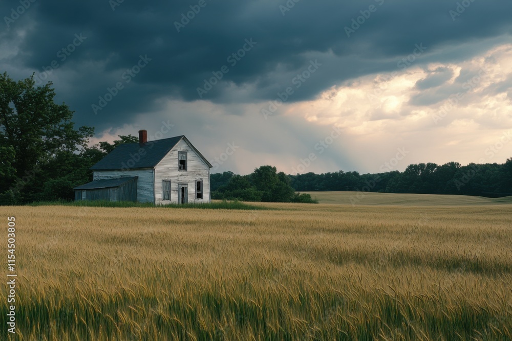 Diagonal sweep of wheat fields with old farmhouse, approaching storm light, rural americana Diagonal sweep of wheat fields with old farmhouse, approaching storm light, rural americana