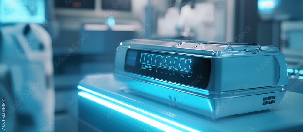 Fototapeta premium An advanced biocompatible electric battery designed for medical implants, displayed in a high-tech sterile environment, with soft blue lighting