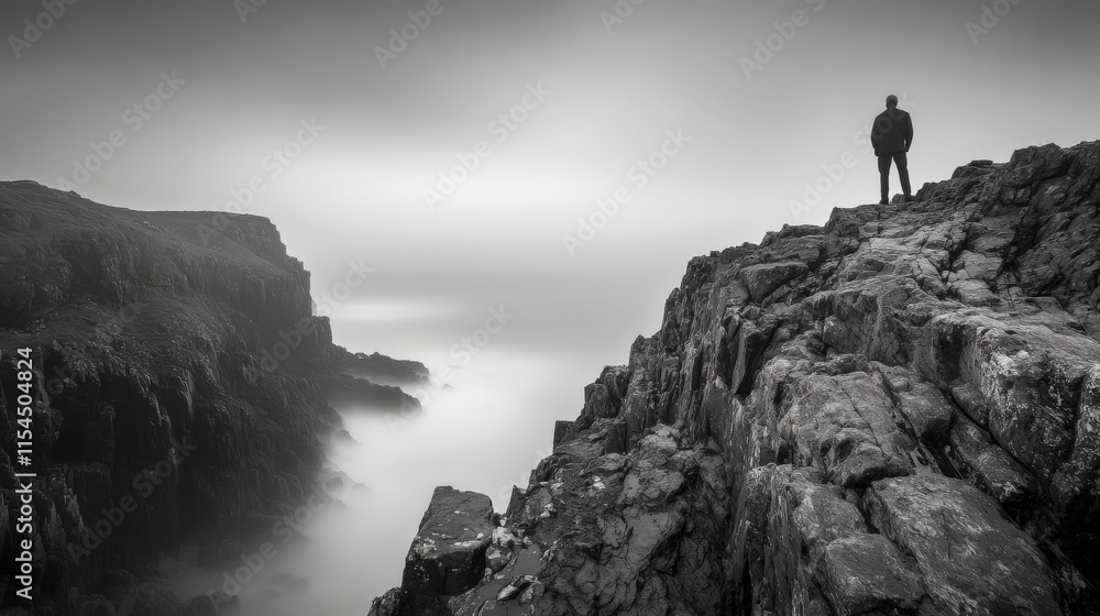 Fototapeta premium Silhouette on Cliffside Path with Dramatic Sea View