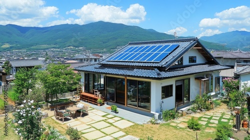Modern house with solar panels, garden, mountain view.