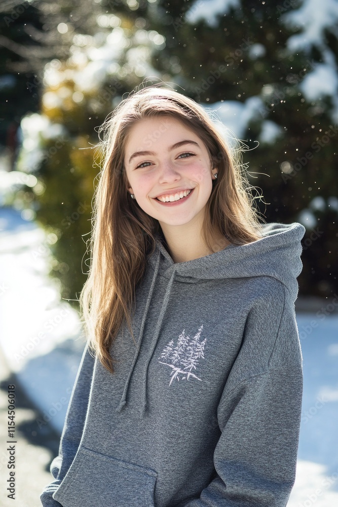 Smiling Young Woman in Gray Hoodie with Nature Background Smiling Young Woman in Gray Hoodie with Nature Background