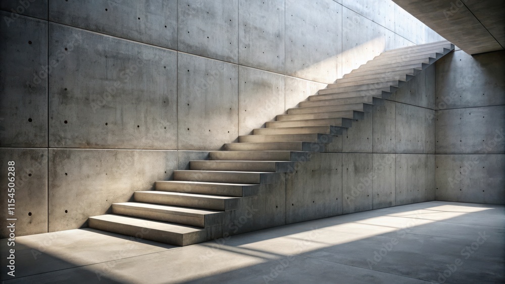 Obraz premium A concrete staircase leading upwards towards a bright light source, casting shadows on the floor and walls.