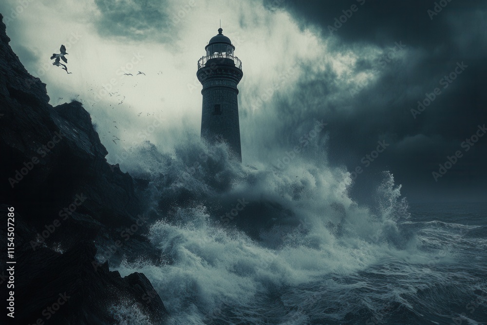Forced perspective of a lighthouse with crashing waves, stormy atmosphere, maritime photography Forced perspective of a lighthouse with crashing waves, stormy atmosphere, maritime photography