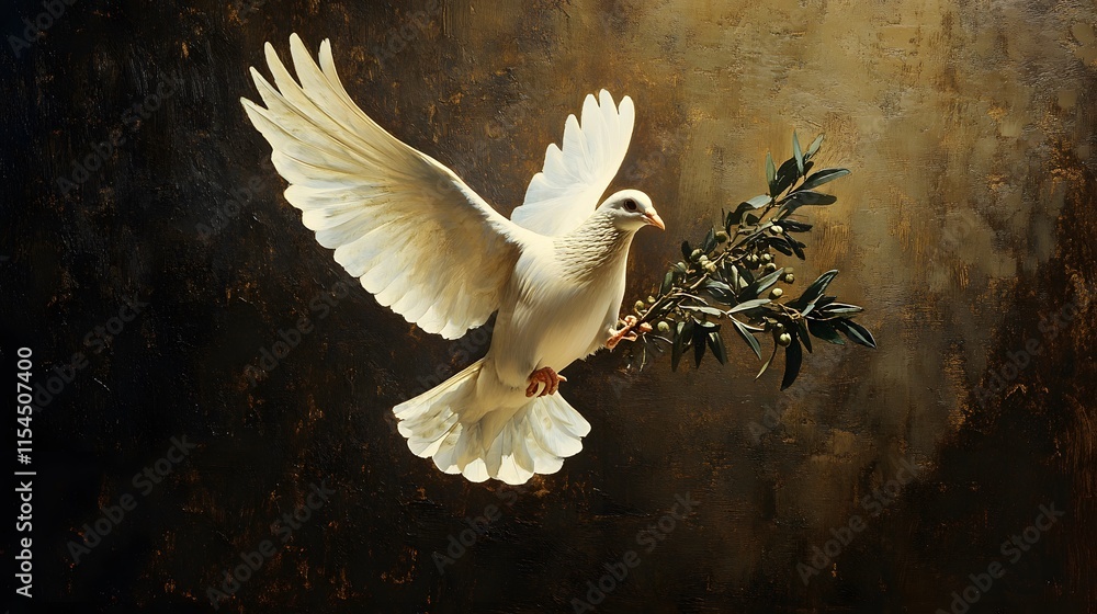 Obraz premium A white dove in mid-flight, carrying an olive branch, representing peace