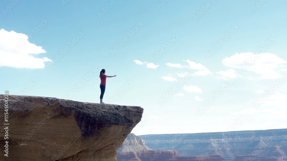 Fototapeta premium Be strong, A person stands on a cliff, arms outstretched, overlooking a vast canyon under a clear blue sky, evoking a sense of freedom and adventure.