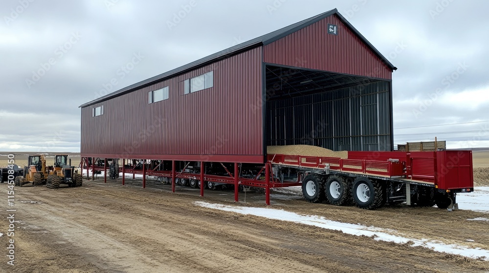 Red agricultural storage building with grain trailer. Red agricultural storage building with grain trailer.