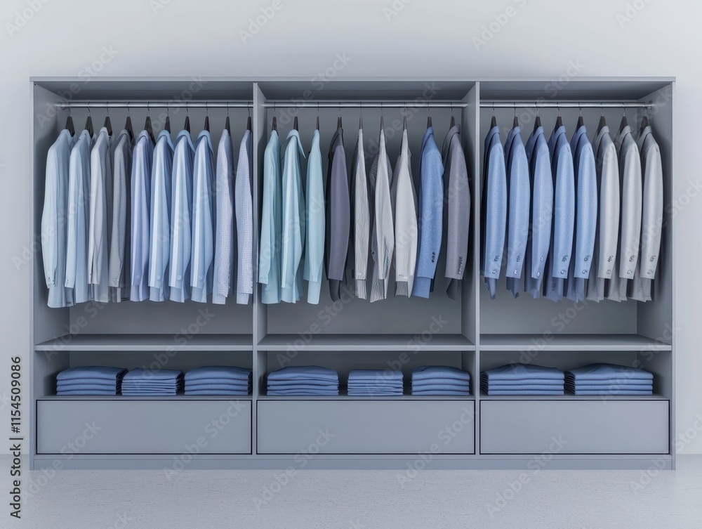 A large gray wardrobe with shirts and suits neatly arranged in a minimalist-style modern room, promoting a sense of order. A large gray wardrobe with shirts and suits neatly arranged in a minimalist-style modern room, promoting a sense of order.
