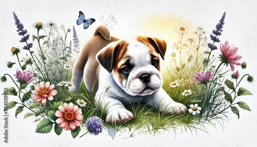 baby bulldog, playing in nature, animal in watercolour painting in minimalist white background, photo