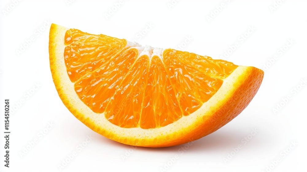 Vivid close-up of a single juicy orange slice, vibrant pulp texture, fresh and zesty, isolated on clean white background, perfect for advertising