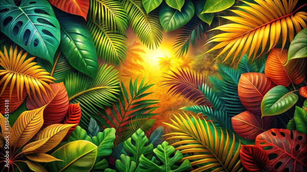 Naklejka premium A vibrant tropical jungle scene with an abundance of lush foliage, showcasing a dazzling display of nature's colorful hues and intricate leaf patterns.