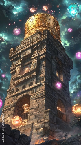 Ancient Stone Tower with Golden Crown Surrounded by Glowing Orbs in Mystical Night Sky Fantasy Artwork Magic Architecture Stars Clouds Fantasy Scene photo