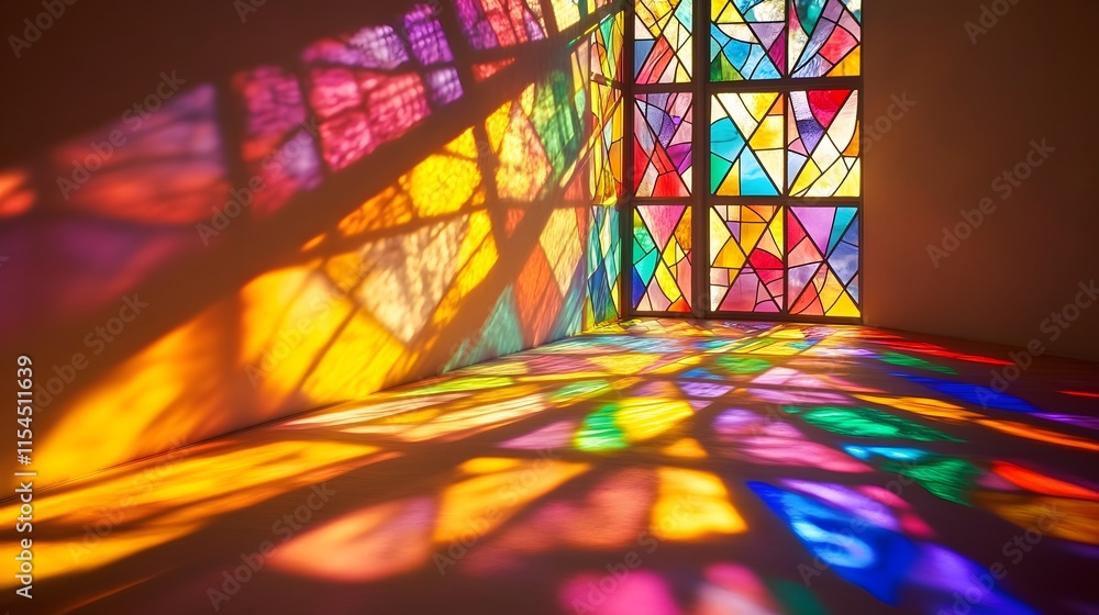 Fototapeta premium A colorful stained-glass window casting light onto a white surface, symbolizing divine light