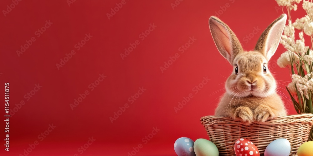 Obraz premium A charming and delightful Easter Bunny cheerfully surrounded by a variety of colorful eggs and beautiful spring flowers, depicting the essence of springtime celebrations and joyful festive events