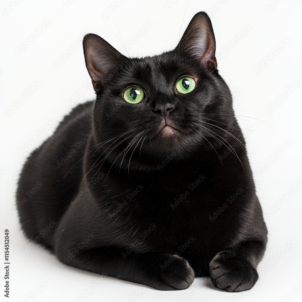 A black cat with green eyes is laying on a white background A black cat with green eyes is laying on a white background