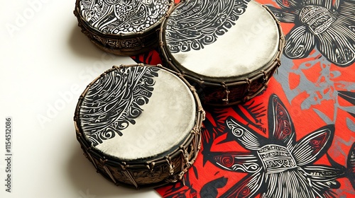 Three intricately designed hand drums rest on a vibrant red and black patterned fabric, showcasing a unique blend of artistry and musical heritage. photo