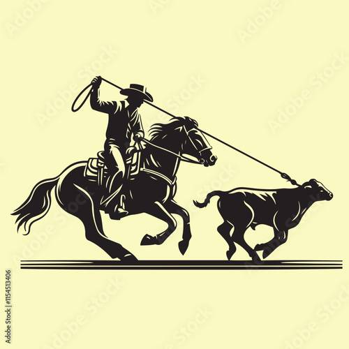 cowboy horseback lasso throwing in front of a calf