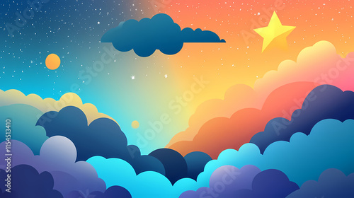 A colorful sky with clouds and stars. Lodestar. Illustration photo