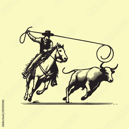 cowboy horseback lasso throwing in front of a calf