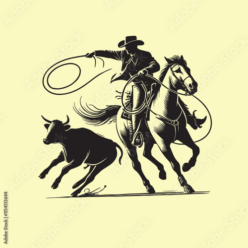 cowboy horseback lasso throwing in front of a calf