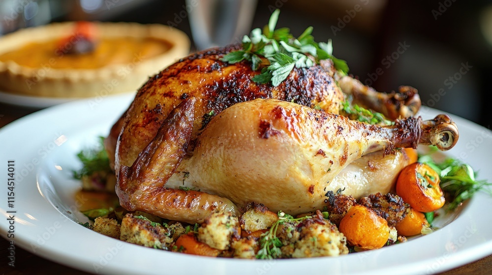 A whole chicken served in a Thanksgiving-style feast with pumpkin pie, stuffing, and seasonal decor A whole chicken served in a Thanksgiving-style feast with pumpkin pie, stuffing, and seasonal decor