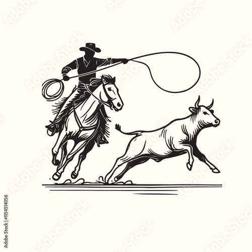 cowboy horseback lasso throwing in front of a calf