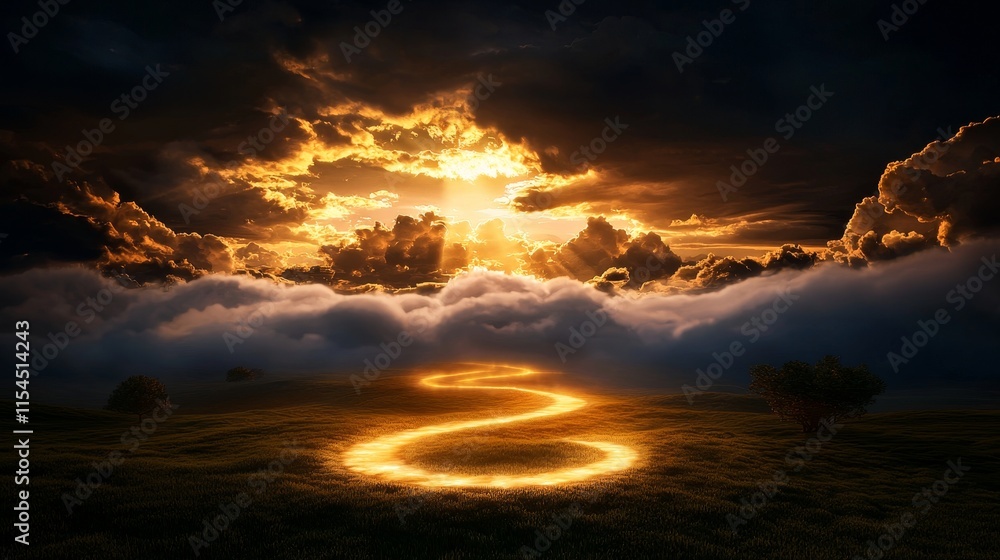 Obraz premium Magical trail of golden light, ethereal fog, dreamy fantasy landscape
