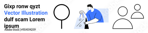 Wallpaper Mural Man carrying shopping bags with percentages, magnifying glass representing search, two people icons symbolizing connection and community. Ideal for retail, e-commerce, marketing, customer engagement Torontodigital.ca