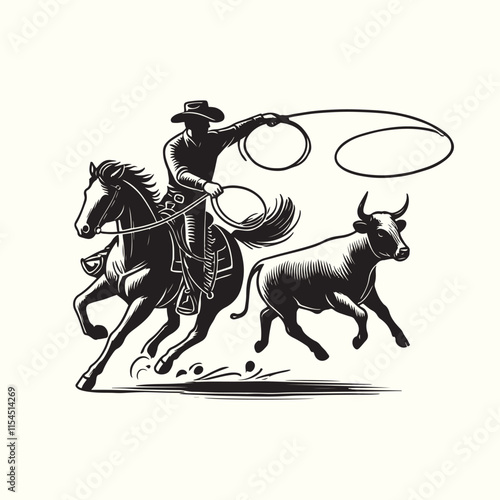 cowboy horseback lasso throwing in front of a calf