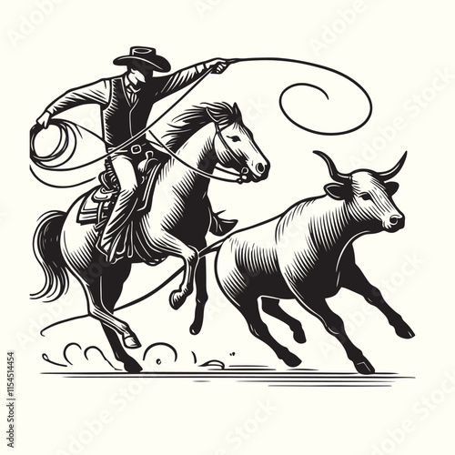 cowboy horseback lasso throwing in front of a calf