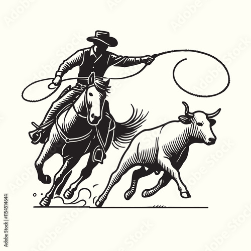 cowboy horseback lasso throwing in front of a calf