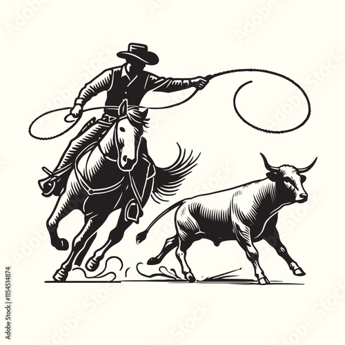 cowboy horseback lasso throwing in front of a calf