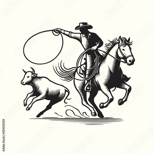 cowboy horseback lasso throwing in front of a calf