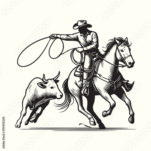 cowboy horseback lasso throwing in front of a calf