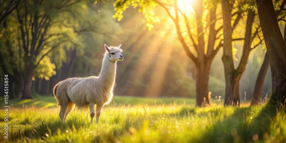 Fototapeta premium Alpaca in a serene meadow with soft sunlight filtering through the trees, alpacas, calm, gentle, peaceful, nature