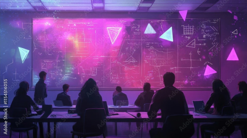 Classroom scene with students observing a colorful, tech-themed presentation. Classroom scene with students observing a colorful, tech-themed presentation.