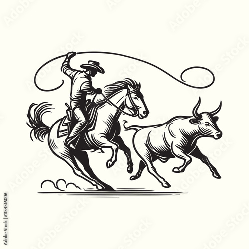 cowboy horseback lasso throwing in front of a calf