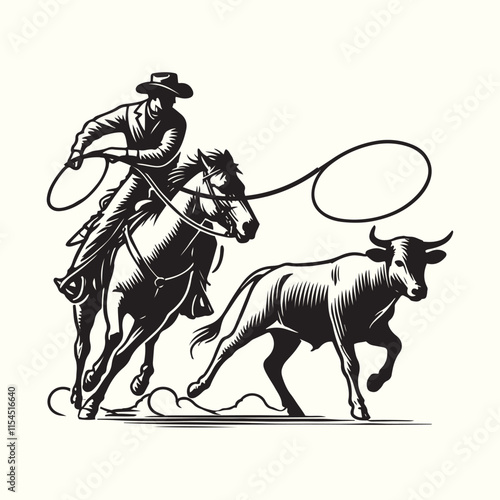 cowboy horseback lasso throwing in front of a calf