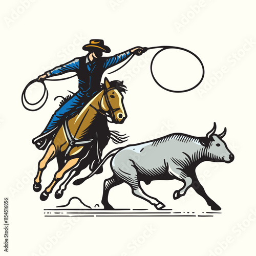 cowboy horseback lasso throwing in front of a calf