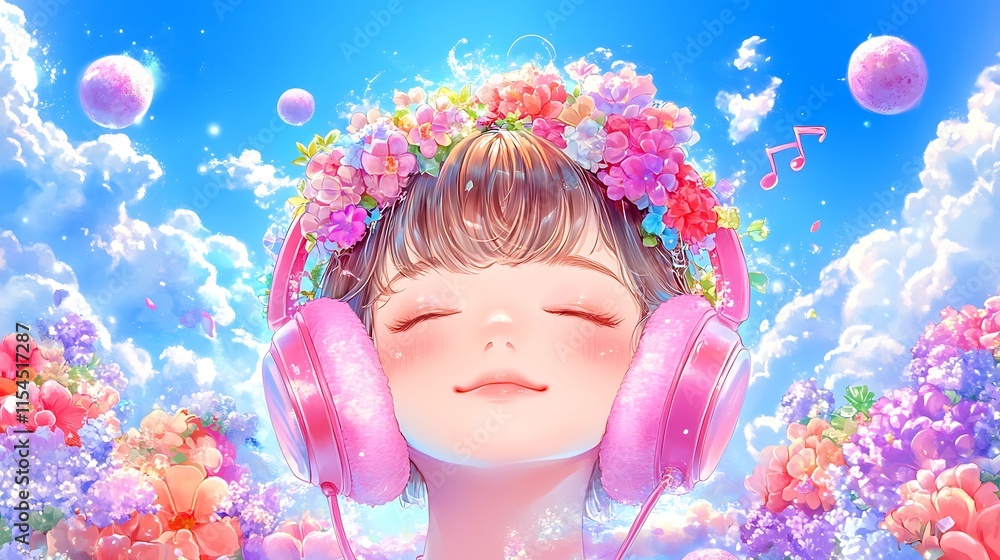 Fototapeta premium Cute girl listening to music in a floral wonderland. Concept of happiness, joy, and music.