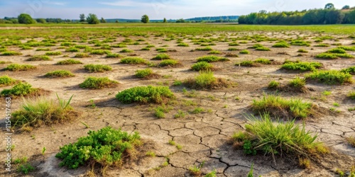 Dilapidated grassy plot with patchy clumps of sparse grass growing between large areas of bare earth and weeds