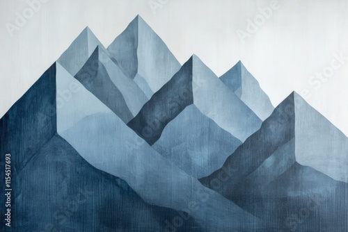 Mountain peaks in cubist deconstruction, slate gray and arctic blue, alpine dawn