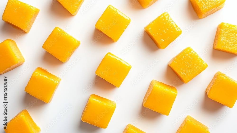 High-resolution shot of ripe mango cubes with sharp details, arranged symmetrically on a white background, evoking freshness and flavor High-resolution shot of ripe mango cubes with sharp details, arranged symmetrically on a white background, evoking freshness and flavor