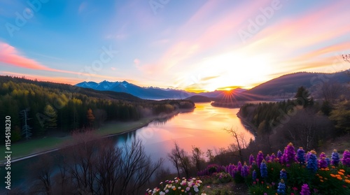 Spring Forest Mountain River in Sunset